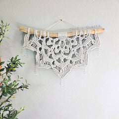3 foot Large half mandala macramé wall hanging with hanging crystal drops.