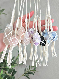 Macrame wrapped crystal rear view mirror charm.