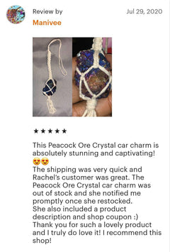 Macrame wrapped crystal rear view mirror charm.