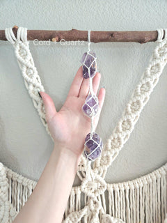 Extra large macrame wall hanging with 3 large amethyst crystals. Ready to ship.