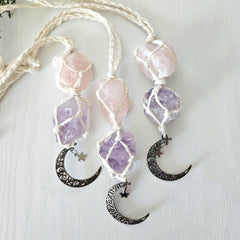 Macrame wrapped crystal rear view mirror charm. Amethyst and rose quartz. With moon charm.