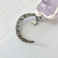 Macrame wrapped crystal rear view mirror charm. Amethyst and rose quartz. With moon charm.